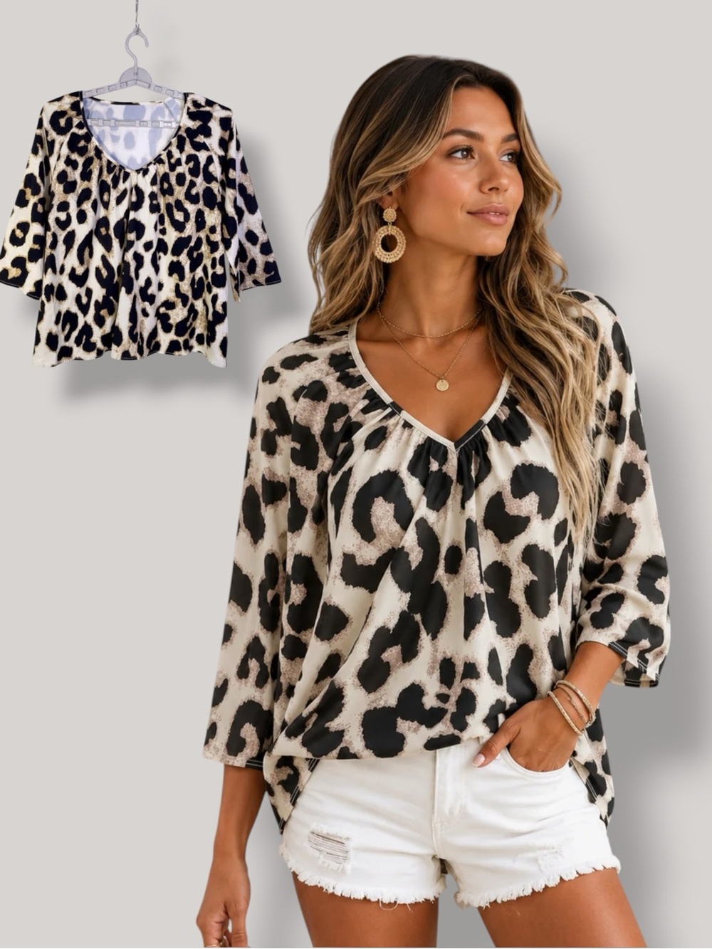 Animal Print Blouse 3/4 Raglan Sleeve Slip Over Top Gather V Neck Women L